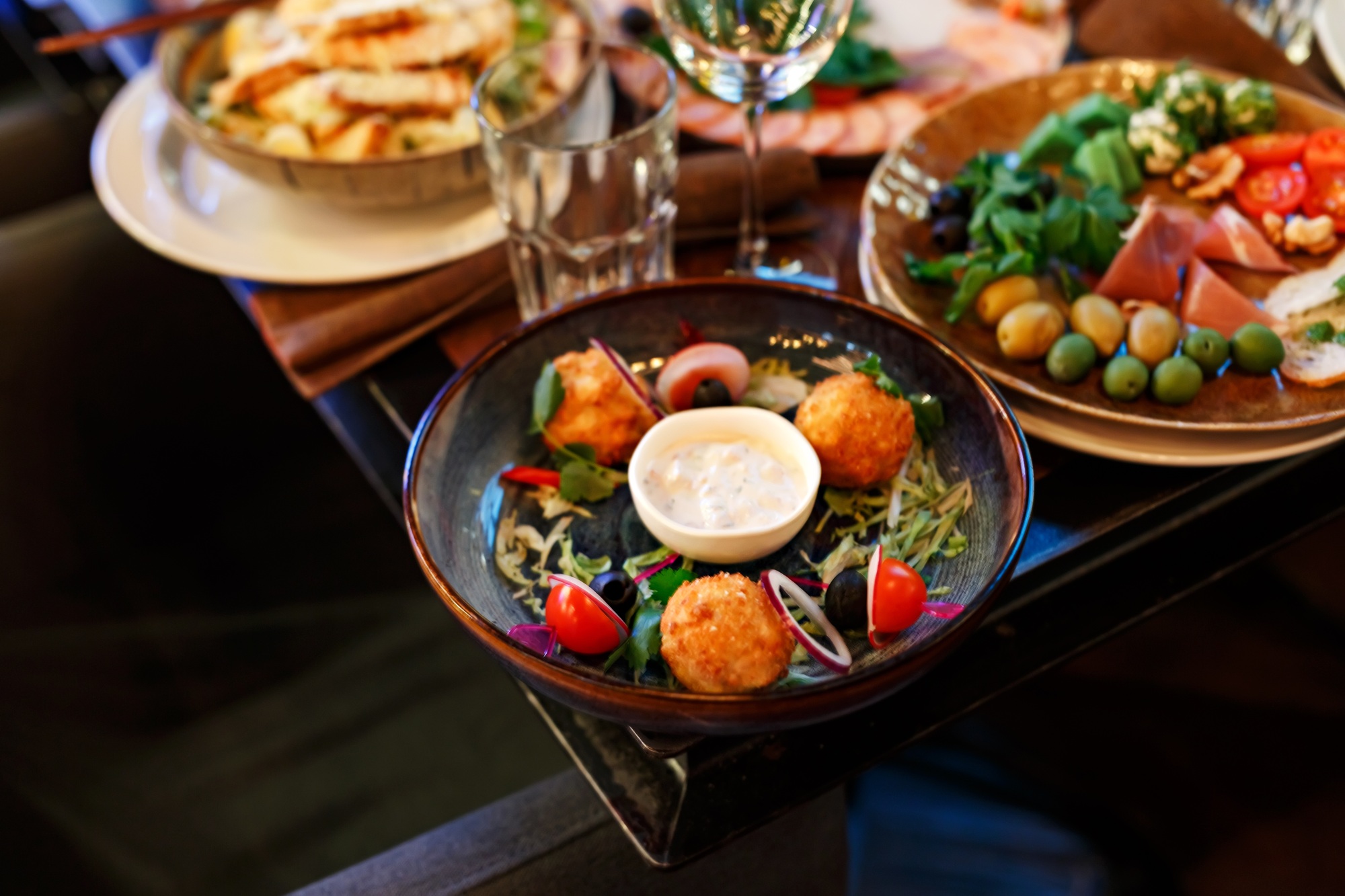 High Angle of table with a tasty food served in the restaurant